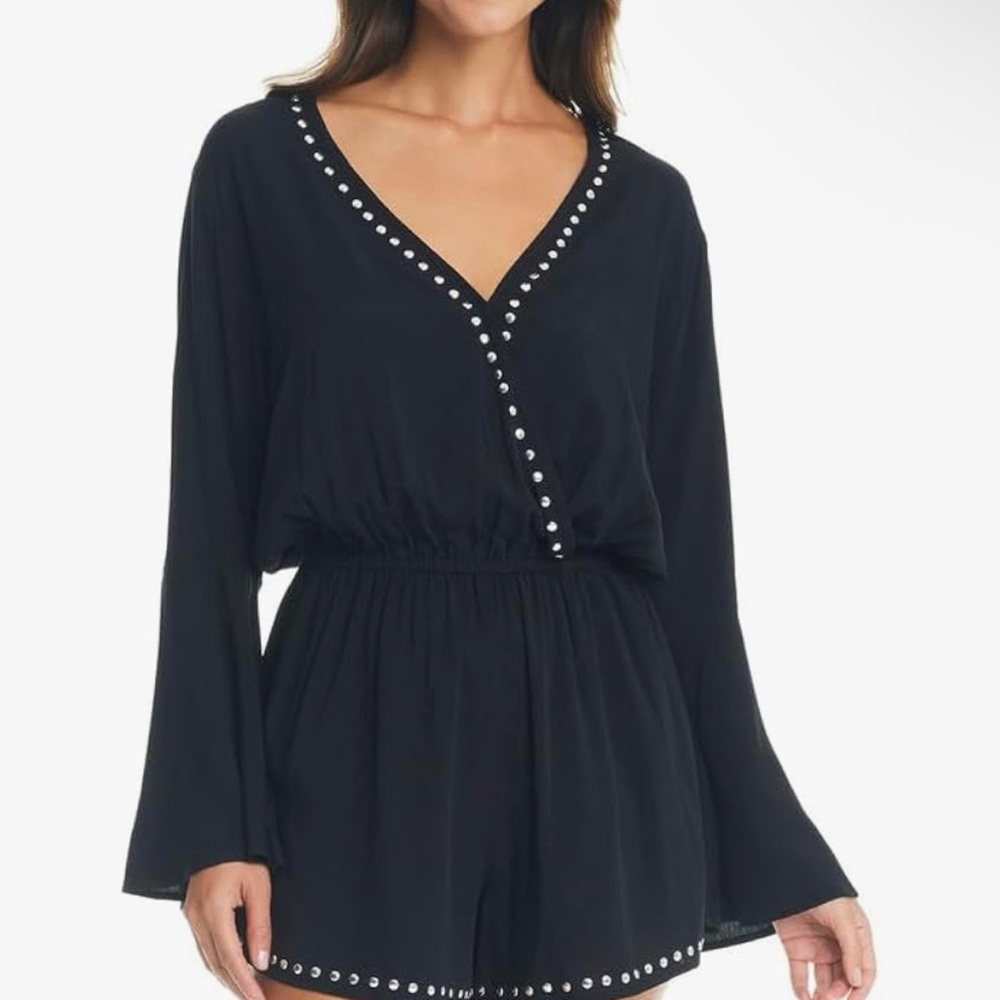 NWT Bar III Tell Me About It Black V-Neck Studded Romper Cover Up Sz Medium